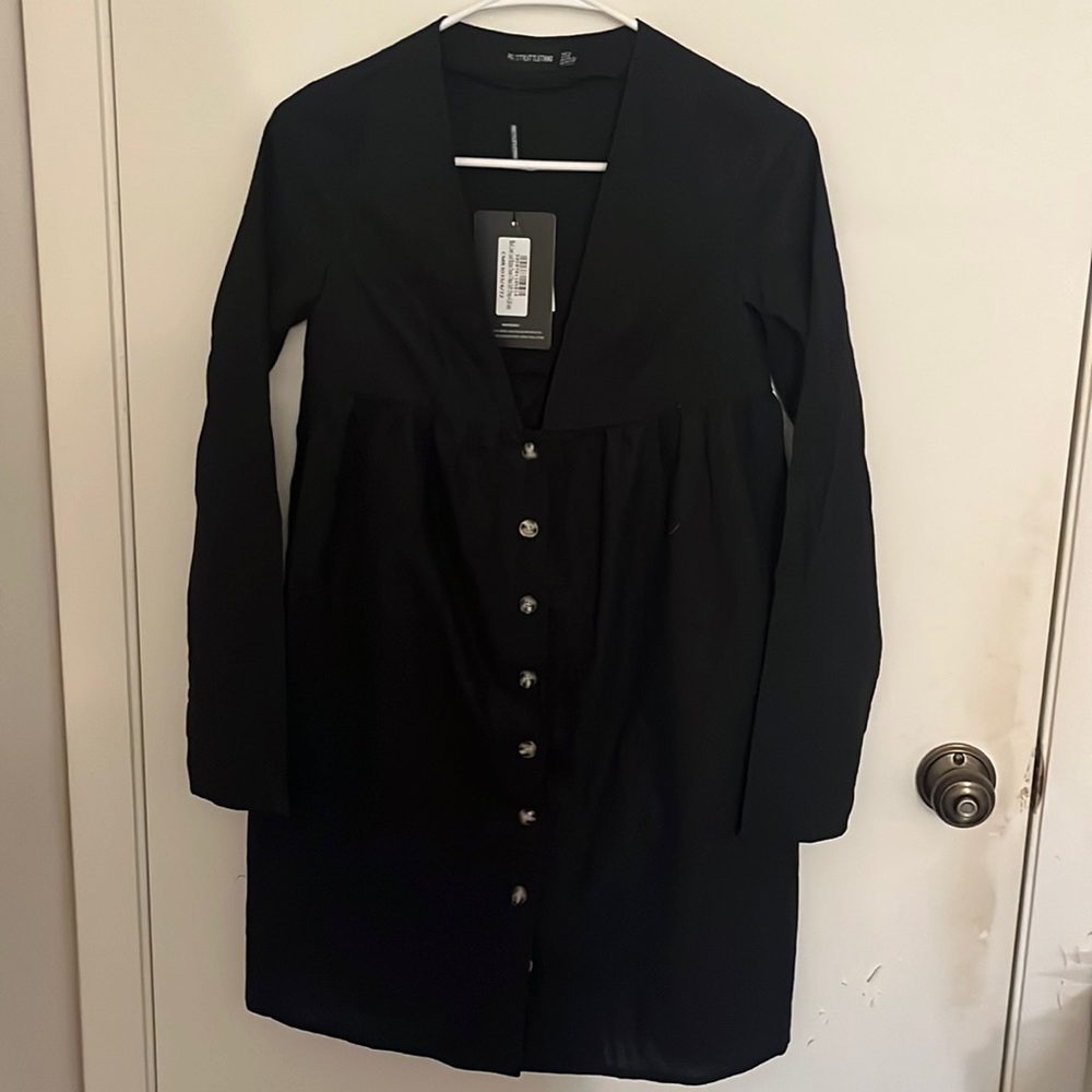 PrettyLittleThing Black Linen Look Button Down V Neck Shift Dress Size 0 NWT